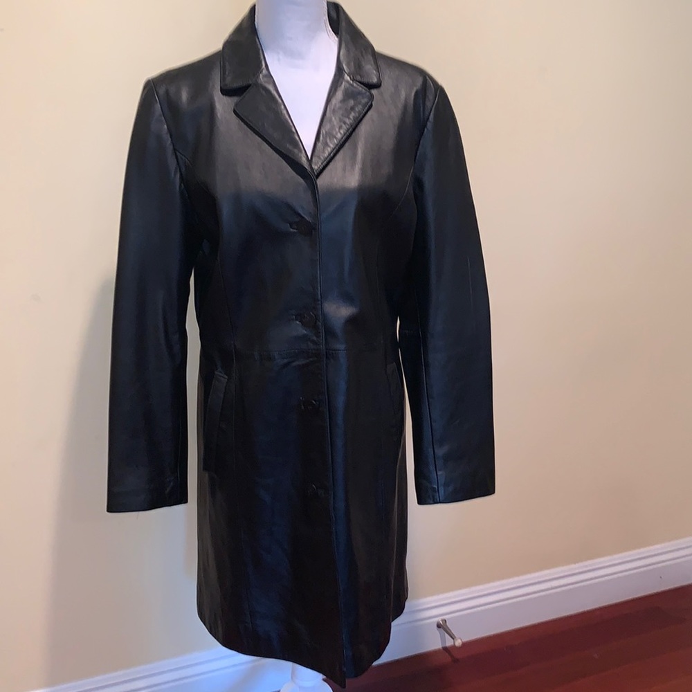 Black Genuine Leather Trench Coat Midi Button Front Classic M